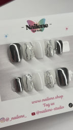 Icy Drip Silver Chrome and Milky White Press On Nails| Reusable Custom Nails