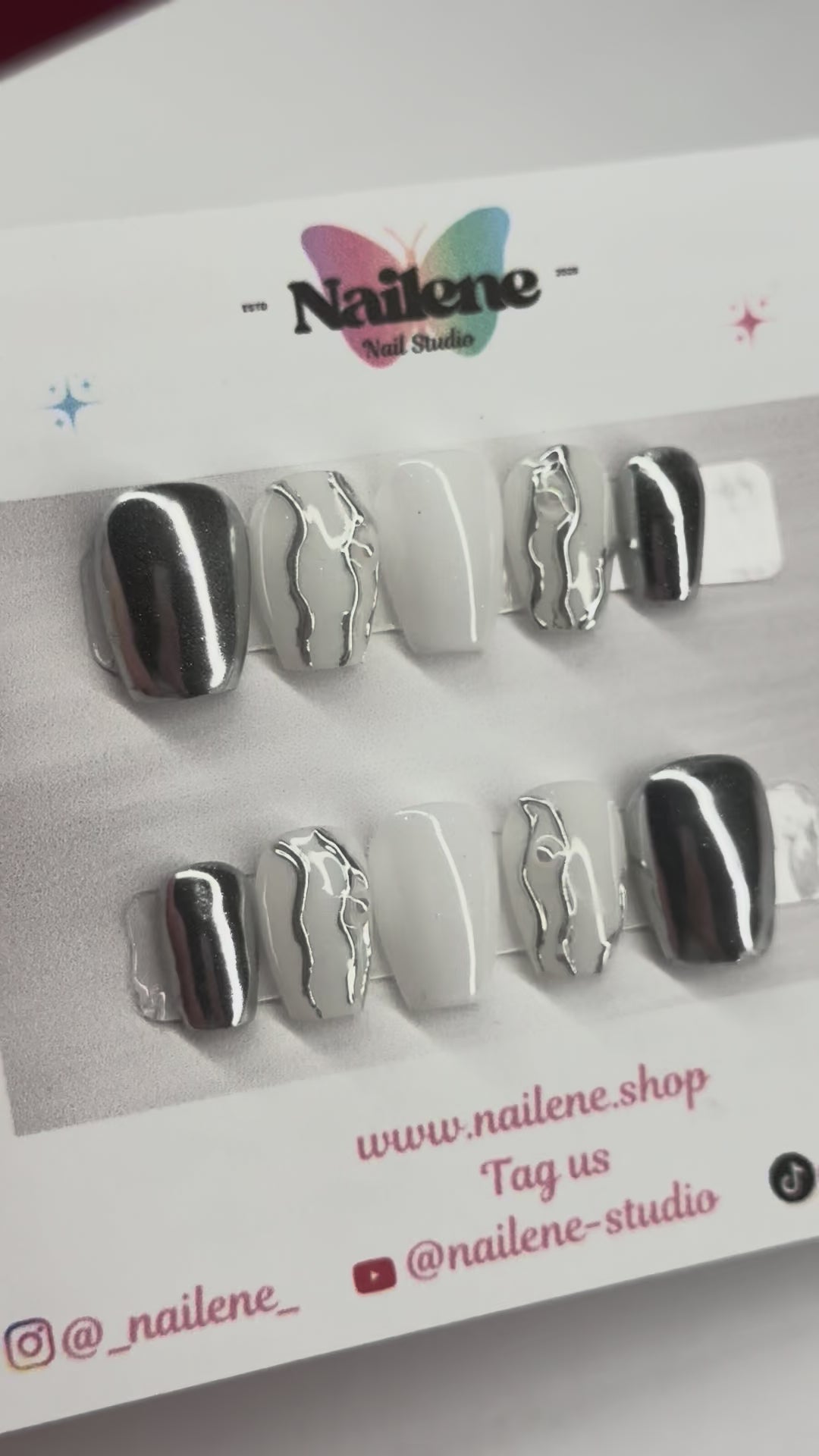 Icy Drip Silver Chrome and Milky White Press On Nails| Reusable Custom Nails