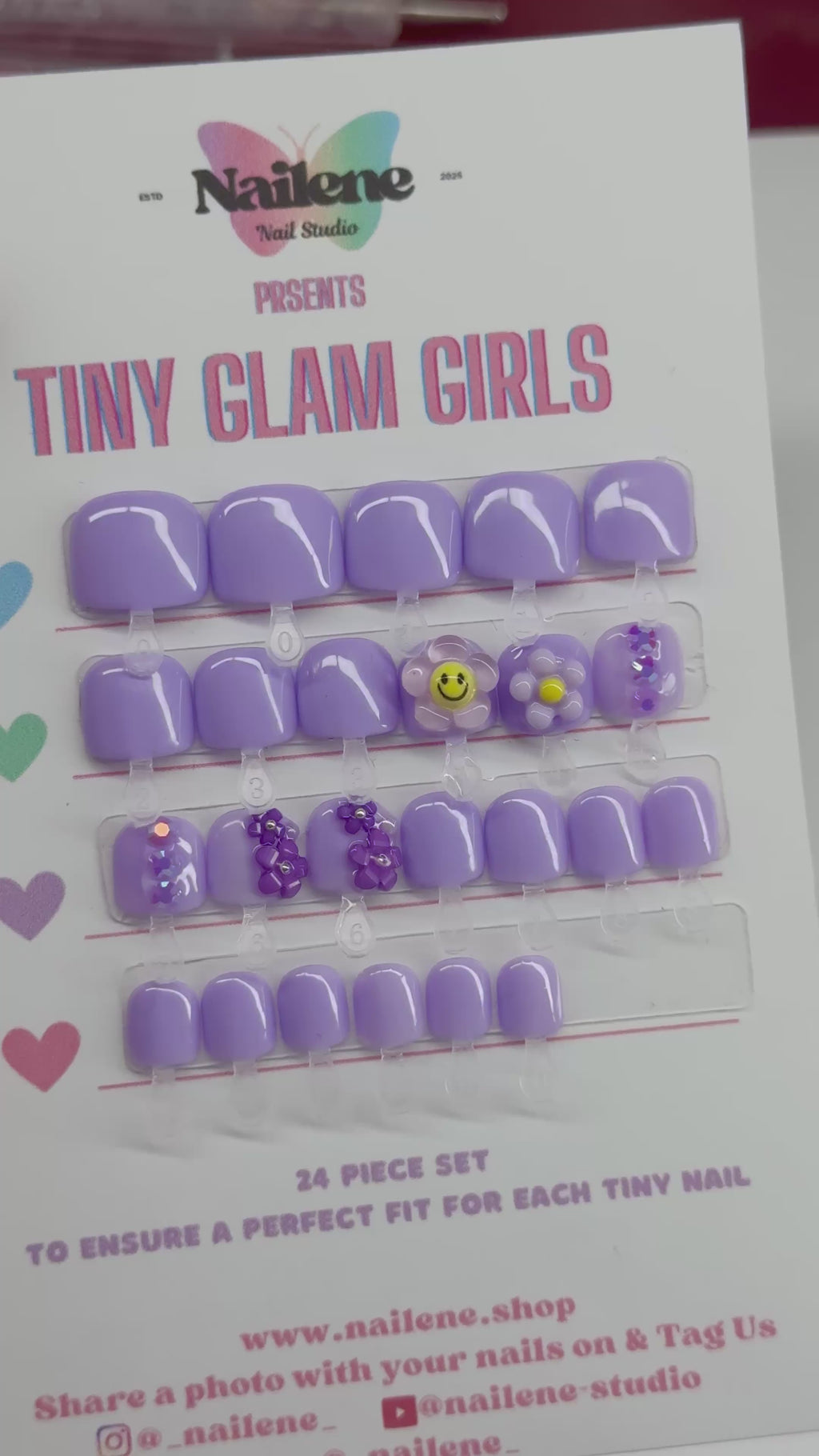 Pastel Purple Flowers Kids Press On Nails| Hand painted Reusable Nail Set