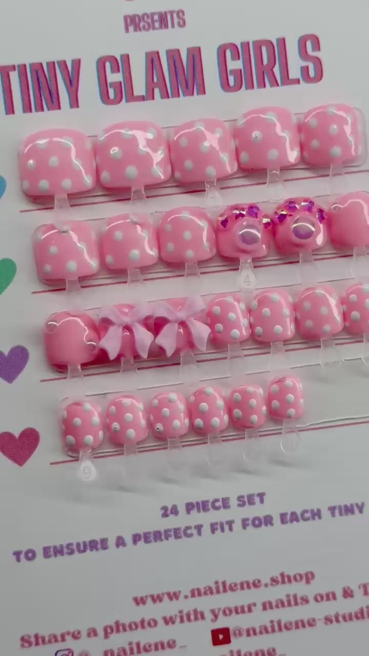Pastel Pink Polka Dot Kids Press on Nails| Hand painted Reusable Nail Set