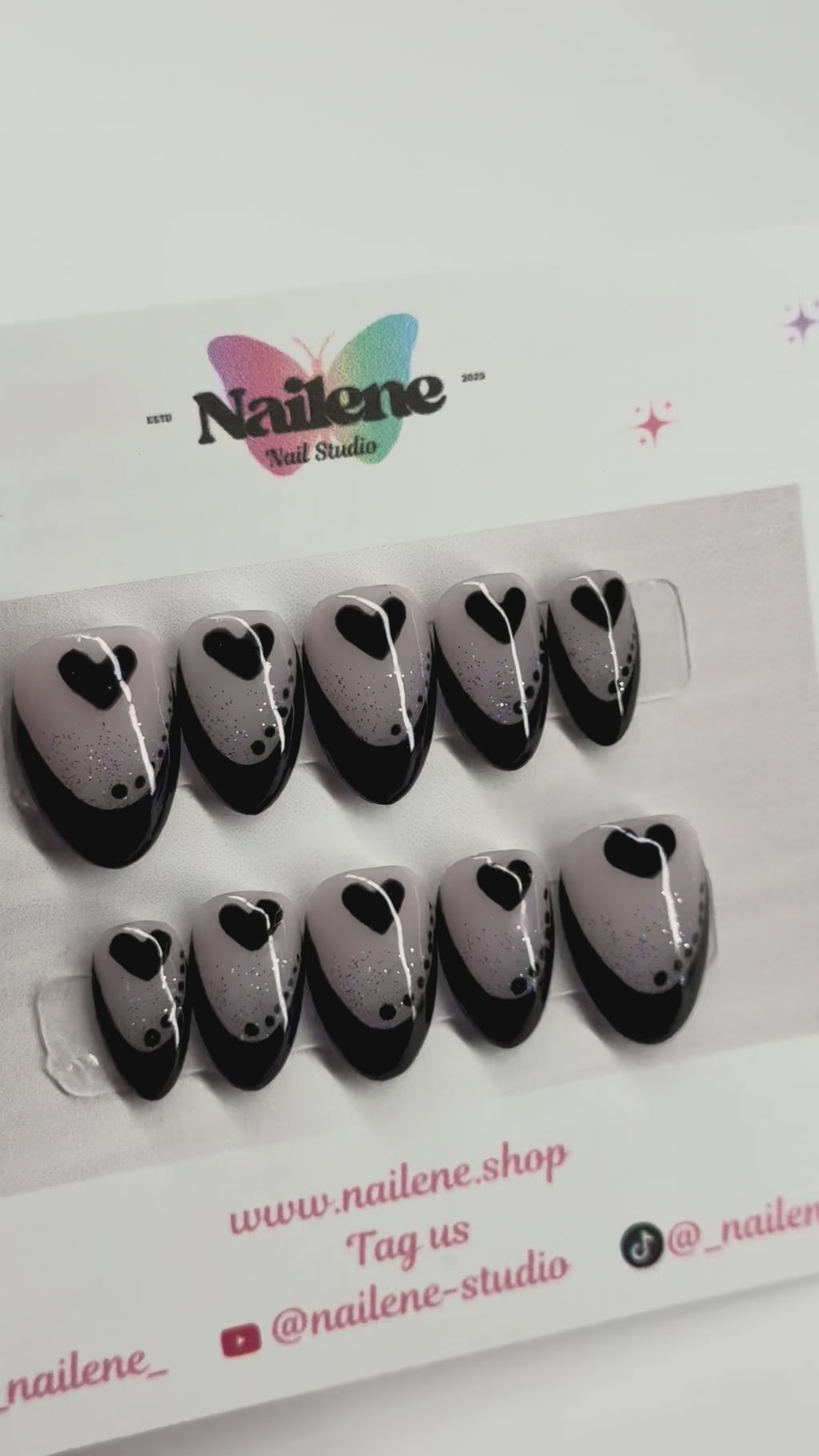 Midnight Black Heart French Tip Press On Nails|Reusable Custom Nails