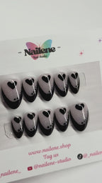 Midnight Black Heart French Tip Press On Nails|Reusable Custom Nails