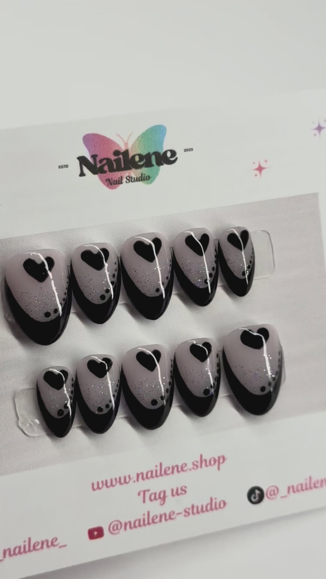 Midnight Black Heart French Tip Press On Nails|Reusable Custom Nails