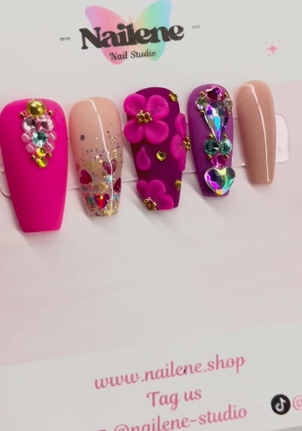 Flawless Pink Acrylic Flowers Rhinestones Press On Nails| Reusable Custom Nails