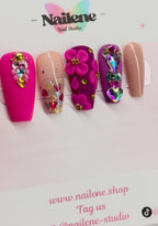Flawless Pink Acrylic Flowers Rhinestones Press On Nails| Reusable Custom Nails